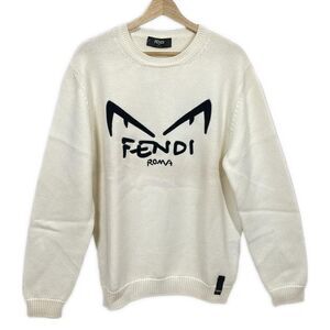 FENDI Long Sleeve Sweater - Size 52 L Men's - White X Black Crew Neck
